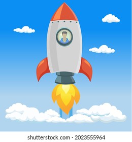 A man in viewing window on rocket going up to the sky, symbol of successful, going to the future concept, go beyond, up in the cloud.