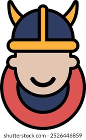 A man with a Viking helmet on his head is smiling. The image is of a cartoon character