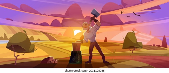Man villager with axe chop firewood on rural dusk landscape background with field and pink sky. Lumberjack cutting wood logs for home warm, village or countryside life, Cartoon vector illustration