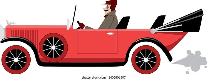 Man in vintage clothes driving a early XX century convertible car, EPS 8 vector illustration	
