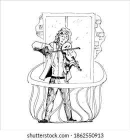 A man with a violin in his hands is standing on the balcony of the house. Man plays the violin, illustration. Vector drawing