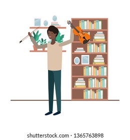 man with violin in living room avatar character
