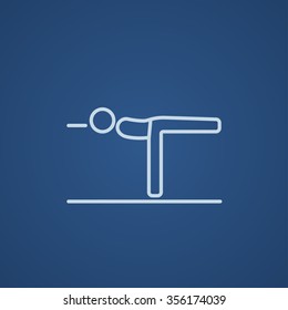 Man in the virabhadrasana III pose line icon for web, mobile and infographics. Vector light blue icon isolated on blue background.