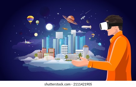 Man in virtual reality in 3d glasses hold simulated city in hands. Vr headset gaming concept. Digital simulation of world, space. Metaverse, innovative technology background. Vector illustration