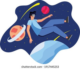 Man in virtual reality, cosmos. Flat design illustration. Vector