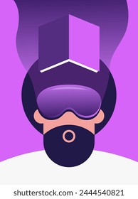 Man in virtual reality, deep in thought, makes notes in a book. Augmented reality metaverse scene.. Flat vector illustration.