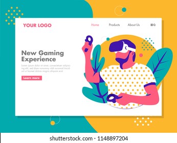 Man with virtual reality eyewear landing page vector illustration