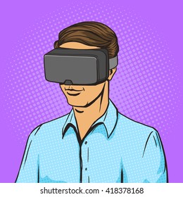 Man and virtual reality glasses cartoon pop art vector illustration. Human comic book vintage retro style. 