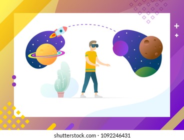 Man in virtual reality glasses explore outer space vector illustration of male in VR headgear and cosmic planets on screen of digital tablet device isolated. Conceptual Web template.