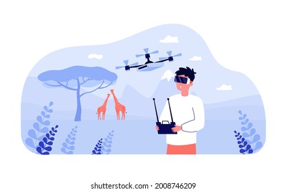 Man in virtual reality glasses flying drone outdoors. Male character using modern technology in savanna flat vector illustration. VR, traveling concept for banner, website design or landing web page
