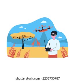 Man in virtual reality glasses flying drone outdoors. Male character using modern technology in savanna flat vector illustration. VR, traveling concept for banner, website design