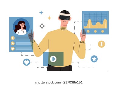 Man with virtual reality glasses. Guy uses VR, modern technology. Company applies innovation, analytical department works with statistics, evaluates graphs and charts. Cartoon flat vector illustration