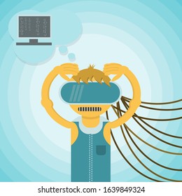 a man in virtual reality glasses holding his head connected by wires flat style is a social problem of mankind vector EPS 10