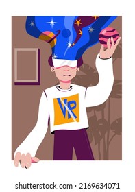 A man in virtual reality glasses looks at space and planets - an allusion to the metaverse. Vector illustration in cartoon flat style.