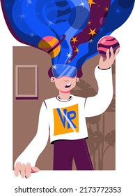 A man in virtual reality glasses looks at space and planets - an allusion to the metaverse. Vector illustration in cartoon flat style.
