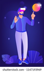 Man in virtual reality glasses on a space. Vector illustration in modern flat style.