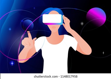 Man in virtual reality glasses  on a space. Vector illustration in modern flat style.