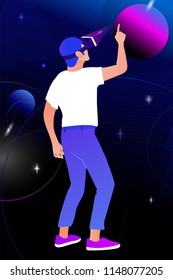 Man in virtual reality glasses on a space.Vector illustration in modern flat style.