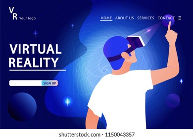 Man in virtual reality glasses on aTechnology Background. Landing page template. Vector illustration in modern style.