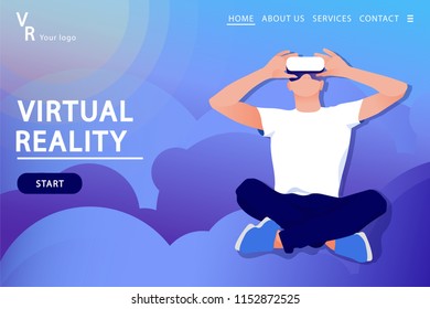 Man in virtual reality glasses on a space abstract Background.  Landing page template.  Vector illustration in modern flat style.
