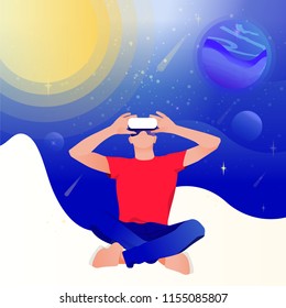 Man in virtual reality glasses on a space abstract Background. Vector illustration in modern flat style.
