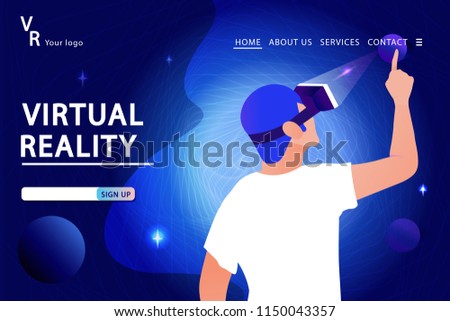 Man in virtual reality glasses on aTechnology Background. Landing page template. Vector illustration in modern style.