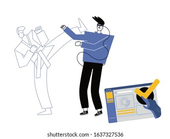 man in virtual reality glasses playing with software ,fights. Virtual reality and entertainment concept.