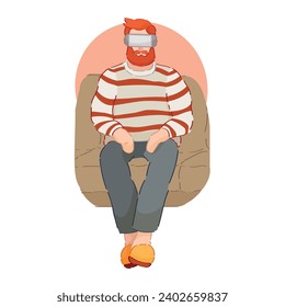 Man with virtual reality glasses sitting on sofa against white b