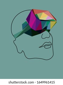 Man with virtual reality glasses. Vector illustration in the style of stained glass and line.
