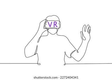 hombre con gafas de realidad virtual con inscripción VR - dibujo de una línea. usuario de concepto en gafas de realidad aumentada
