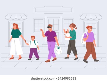 Man in virtual reality glasses walking down the street. People don't pay attention to the technological future. Perception as the norm. Using VR in everyday life. Vector flat illustration.