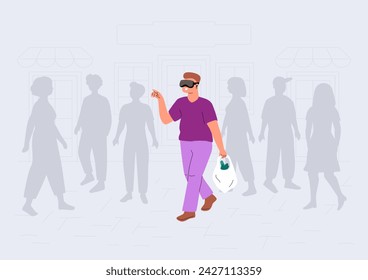 Man in virtual reality glasses walking down the street in the silhouettes of a crowd of people. New future technology. Young male with a package of products walking in 3d experience. 