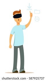 Man in virtual reality glasses working on startup idea. Modern young man, designer or programmer. Character. Cute flat style. Design element. 