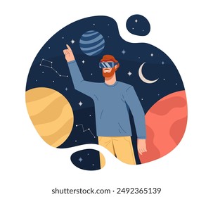 Man in virtual reality glasses. Young guy with VR technology. Character in space studies planets. Metaverse and cyberspace. Futuristic technology and innovation. Flat vector illustration