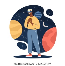 Man in virtual reality glasses. Young guy with VR technology. Character in space studies planets. Metaverse and cyberspace. Person in headset and goggles. Flat vector illustration