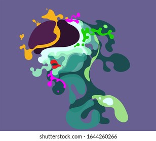 Hombre con un casco de realidad virtual. Mundo abstracto vs. Ilustración del vector