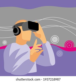 Man in virtual reality headset abstract background. Head wearing vr glasses modern technology concept