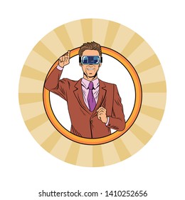 man with virtual reality headset avatar cartoon character round icon pop art background vector illustration graphic design