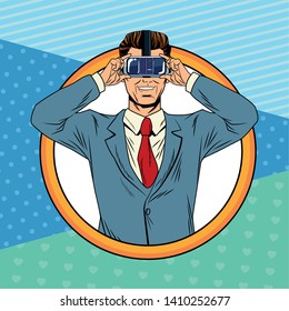 man with virtual reality headset avatar cartoon character round icon pop art background vector illustration graphic design