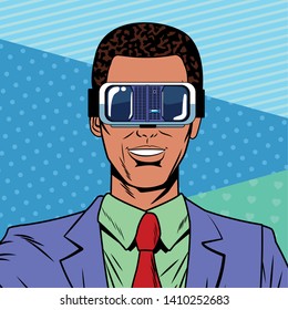 man with virtual reality headset avatar cartoon character pop art background vector illustration graphic design