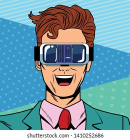 man with virtual reality headset avatar cartoon character pop art background vector illustration graphic design