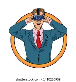 man with virtual reality headset avatar cartoon character round icon vector illustration graphic design