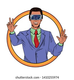 man with virtual reality headset avatar cartoon character round icon vector illustration graphic design