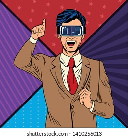 man with virtual reality headset avatar cartoon character pop art background vector illustration graphic design