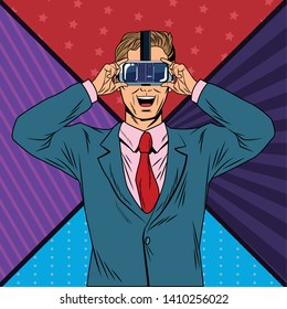 man with virtual reality headset avatar cartoon character pop art background vector illustration graphic design