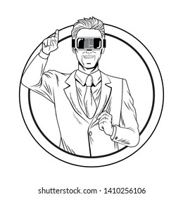 man with virtual reality headset avatar cartoon character round icon black and white vector illustration graphic design