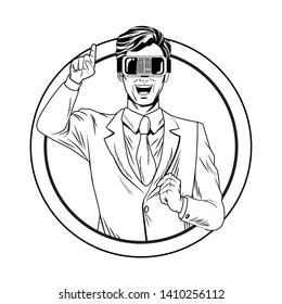 man with virtual reality headset avatar cartoon character round icon black and white vector illustration graphic design