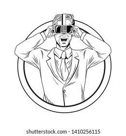 man with virtual reality headset avatar cartoon character round icon black and white vector illustration graphic design
