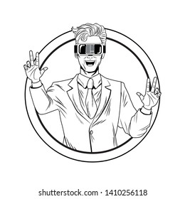 man with virtual reality headset avatar cartoon character round icon black and white vector illustration graphic design