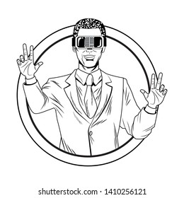 man with virtual reality headset avatar cartoon character round icon black and white vector illustration graphic design